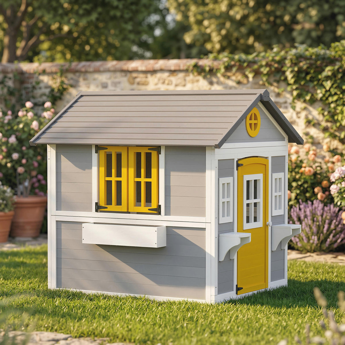 Casita Infantil Outsunny Madera De Abeto Gris 112x126x135 Cm_3