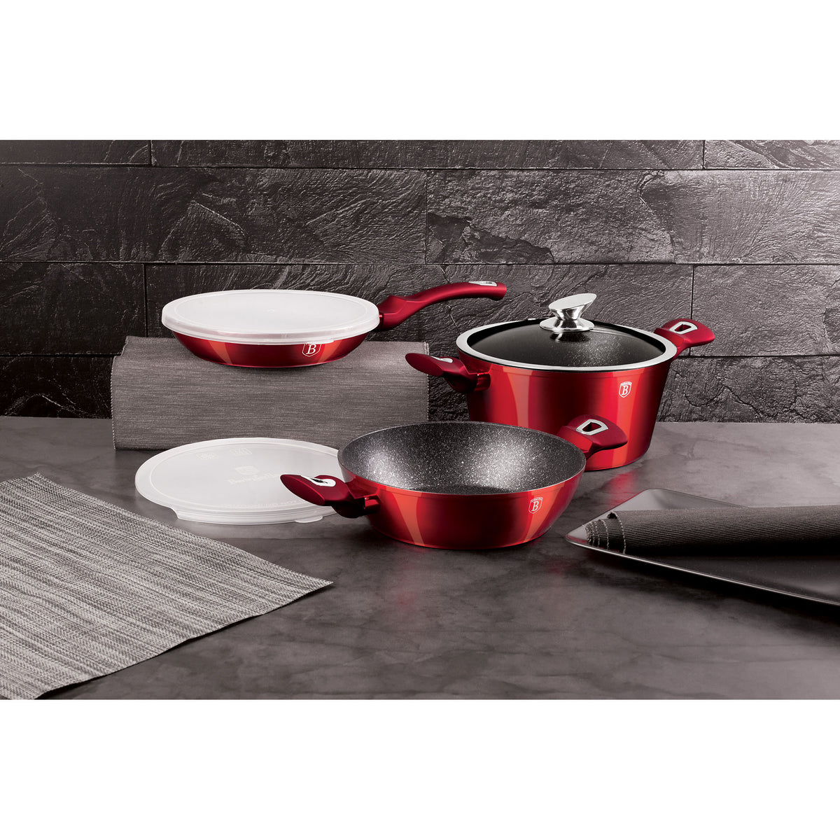 Batería De Cocina Aluminio Forjado Antiadherente Sin Pfoa, Set 2 Cacerolas, 1 Sartén, Tapas Berlinger Haus Burgundy Rojo_1