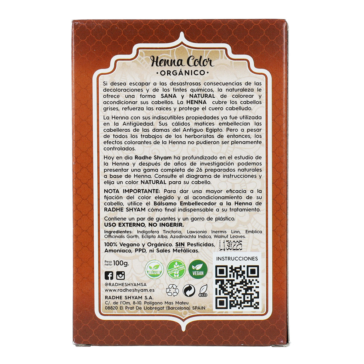 Tinte Henna Castañao medio en polvo Radhe Shyam 100 g