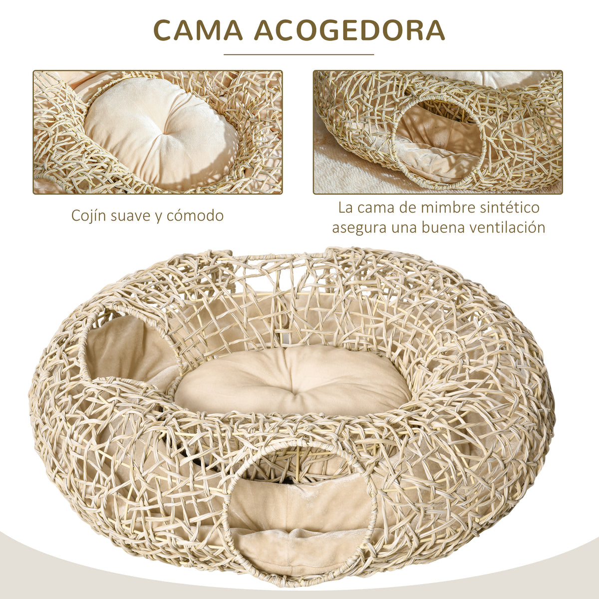 Pawhut Cama Para Gatos De Ratán 78x69x22cm Cesta Para Gatos Rolliza Cojín Suave_4
