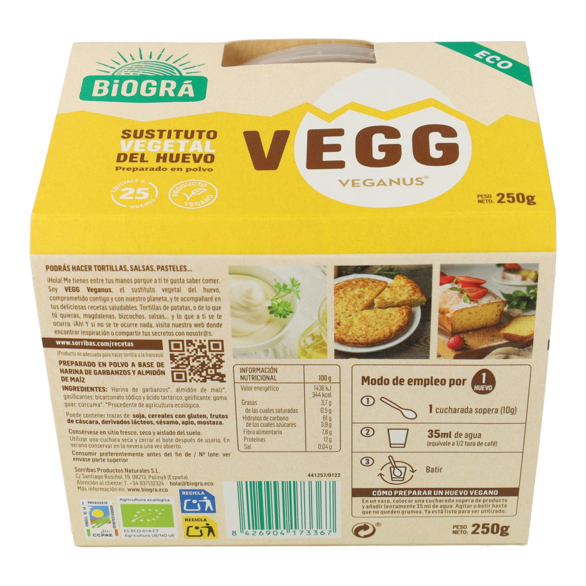 Vegg, sustituto bio vegetal del huevo, Biográ 250 gr