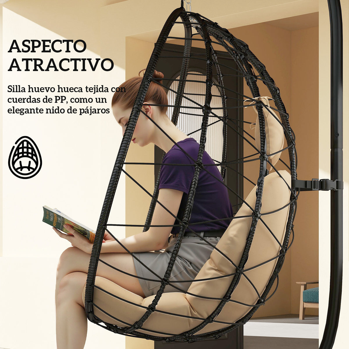Silla Colgante Outsunny Acero, Poliéster Caqui 98x95x198 Cm_5