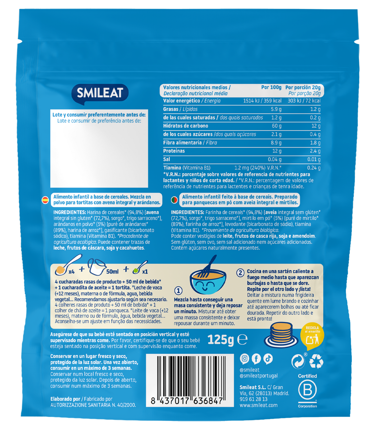 Pack 4x Mix Tortitas Avena integral y arándanos ECO, Smileat, 125 g