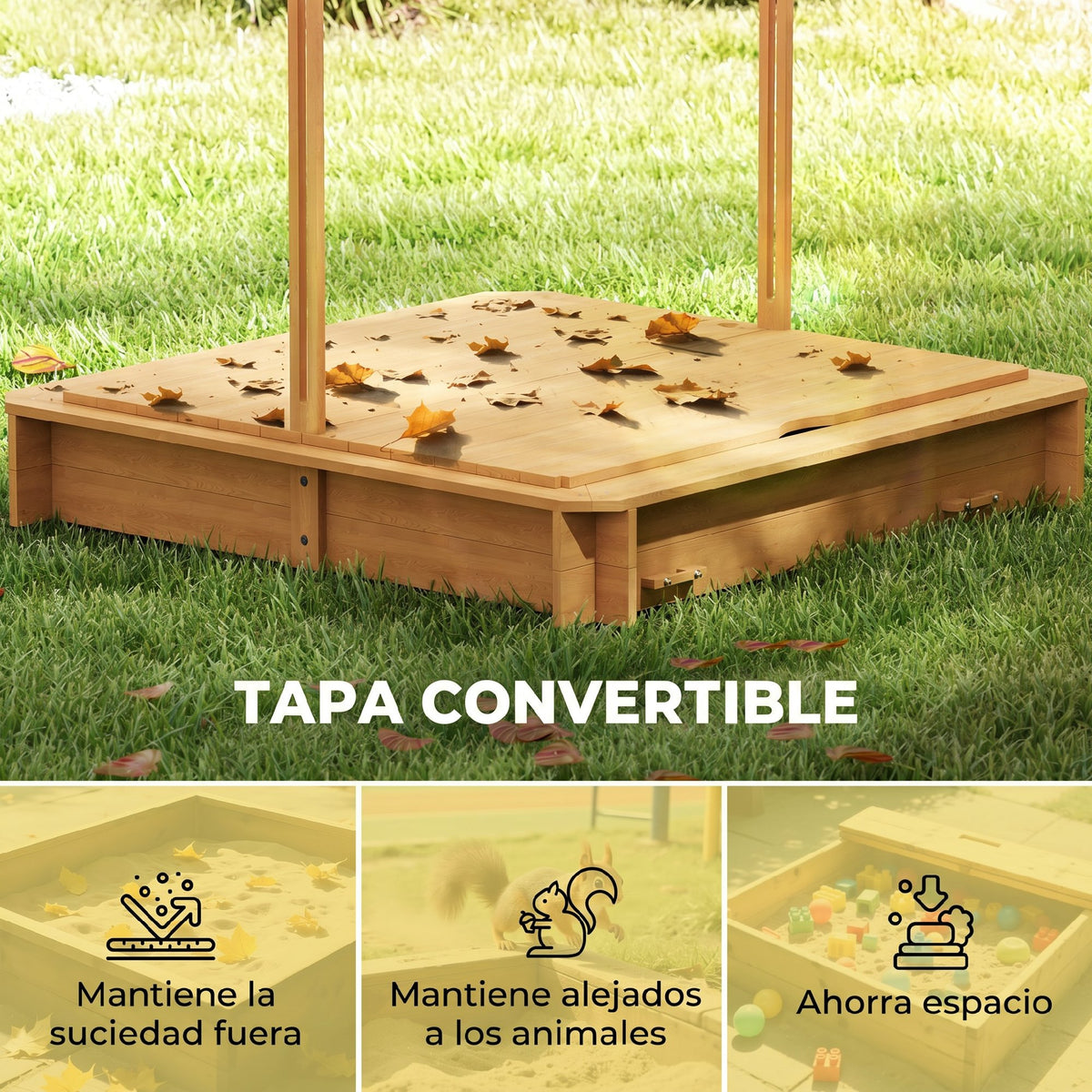 Outsunny Arenero Para Niños De Madera Con Toldo Ajustable 106x106x115 Cm Natural_5