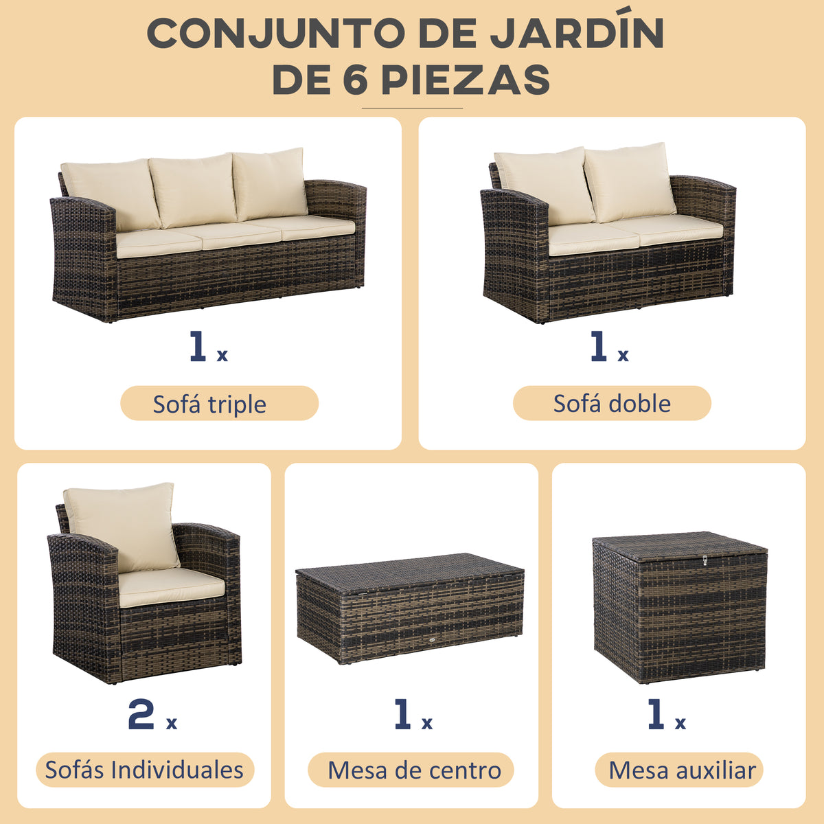 Conjunto De Jardín Outsunny Ratán Pe, Metal Caqui 183x72x77 Cm_5