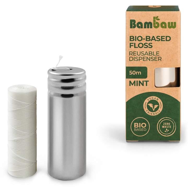 Hilo dental vegano 50 metros  y dispensador acero bambaw