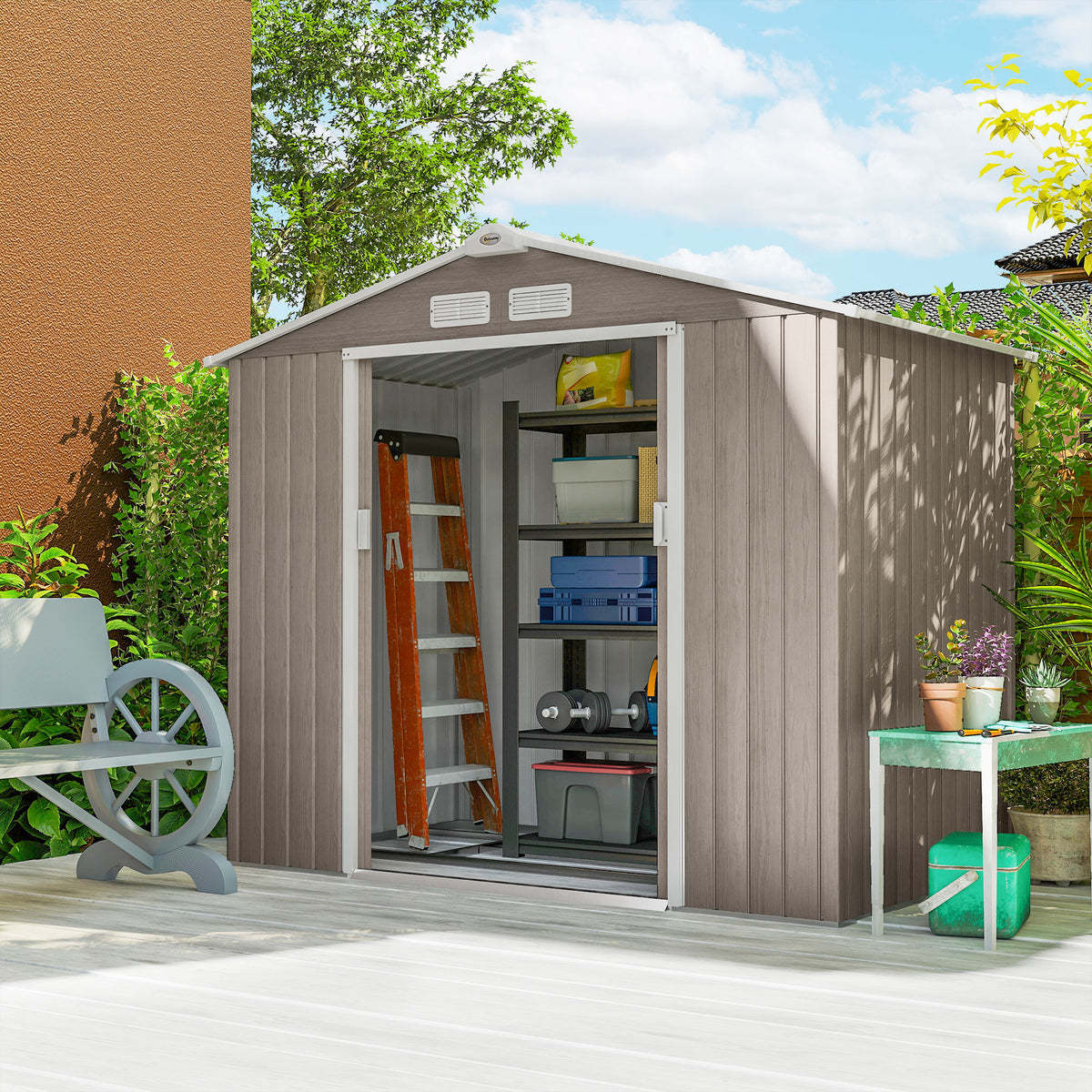 Cobertizo De Jardín Outsunny Acero Galvanizado Madera Natural 213x130x185 Cm_3