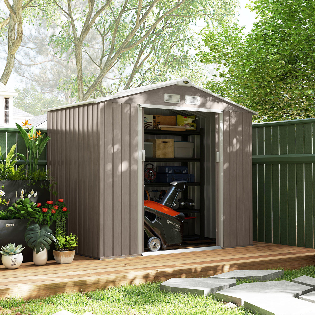 Cobertizo De Jardín Outsunny Acero Galvanizado Madera Natural 213x130x185 Cm_4