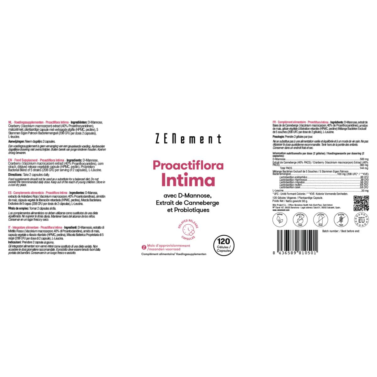 Proactiflora Intima con D-Manosa, extracto de arándano rojo y probióticos Zenement, 120 comprimidos