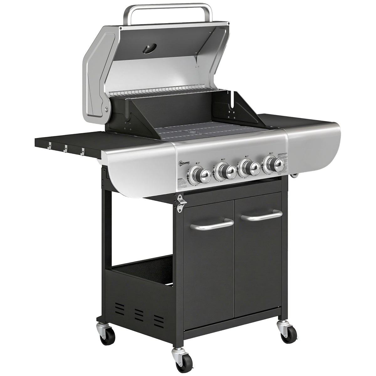 Barbacoa De Gas Outsunny Acero Inoxidable, Metal Negro 129x55x117 Cm_0