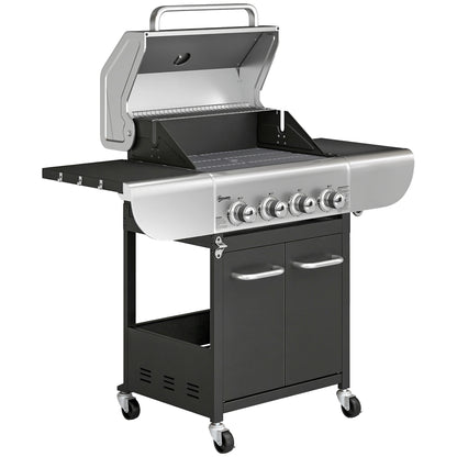 Barbacoa De Gas Outsunny Acero Inoxidable, Metal Negro 129x55x117 Cm_0