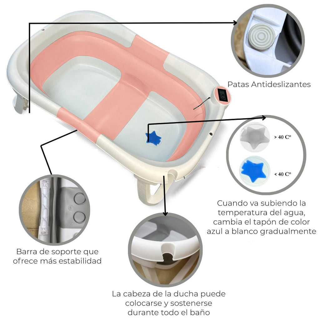 Bathby Bañera Bebé Plegable Con Termómetro, Cojín Antideslizante, Patas Antideslizantes (rosa Oasis)_2