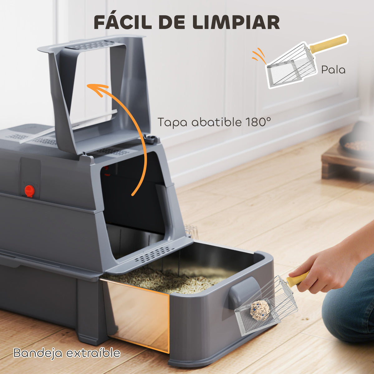 Pawhut Arenero Para Gatos De Acero Inoxidable Xl Con Tapa Abatible 180° Gris_3