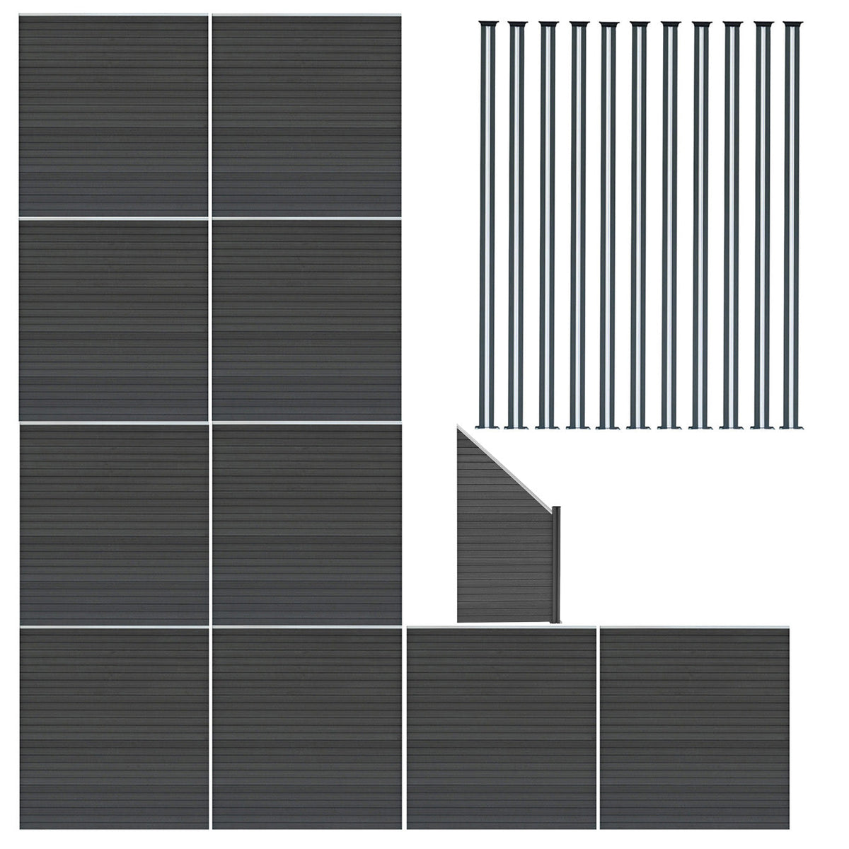 Vallas Para Exteriores De Wpc Y Aluminio - 10x Paneles Cuadrados + 1x Oblicuo + 11x Postes Con Led | Gris_0