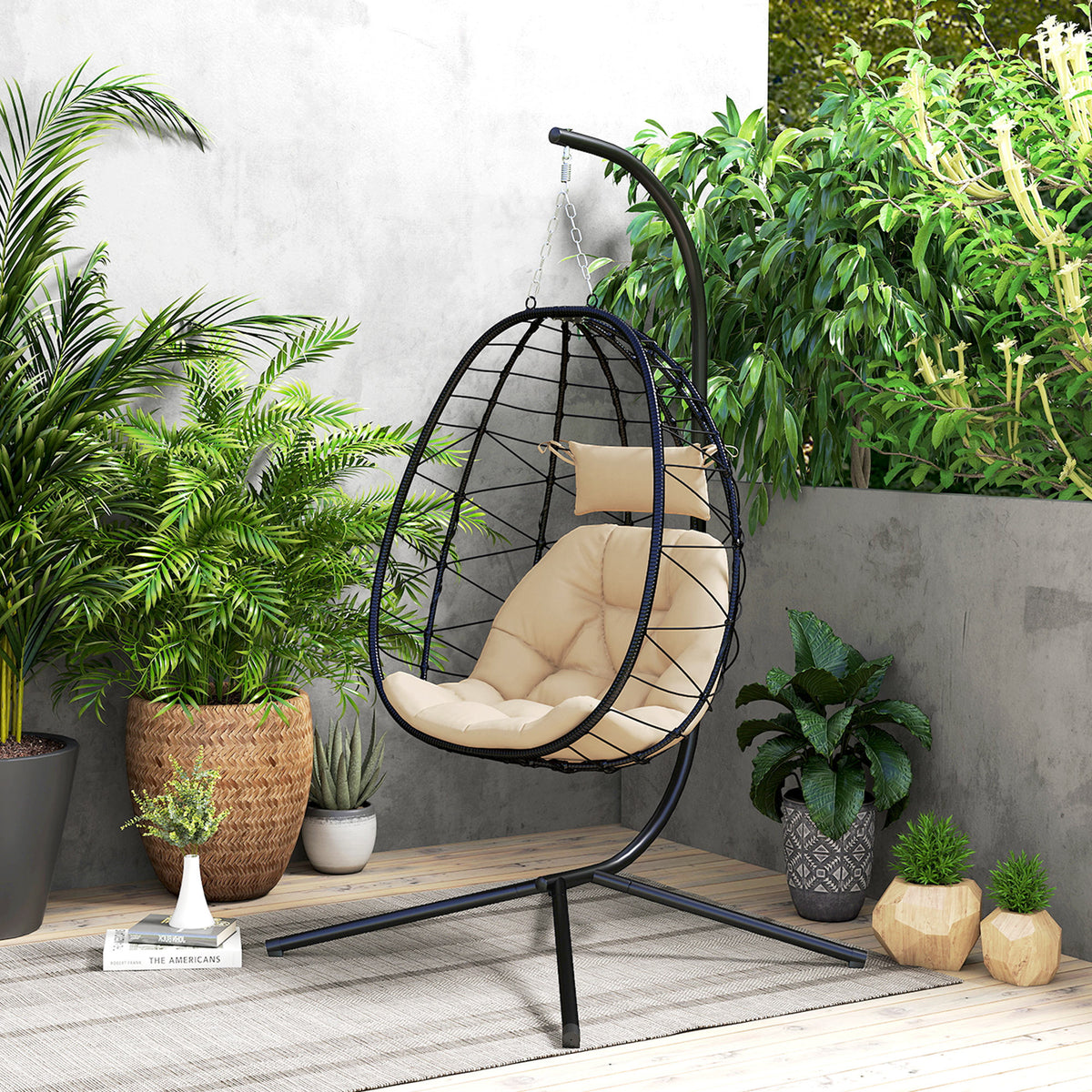 Silla Colgante Outsunny Acero, Poliéster Caqui 98x95x198 Cm_3