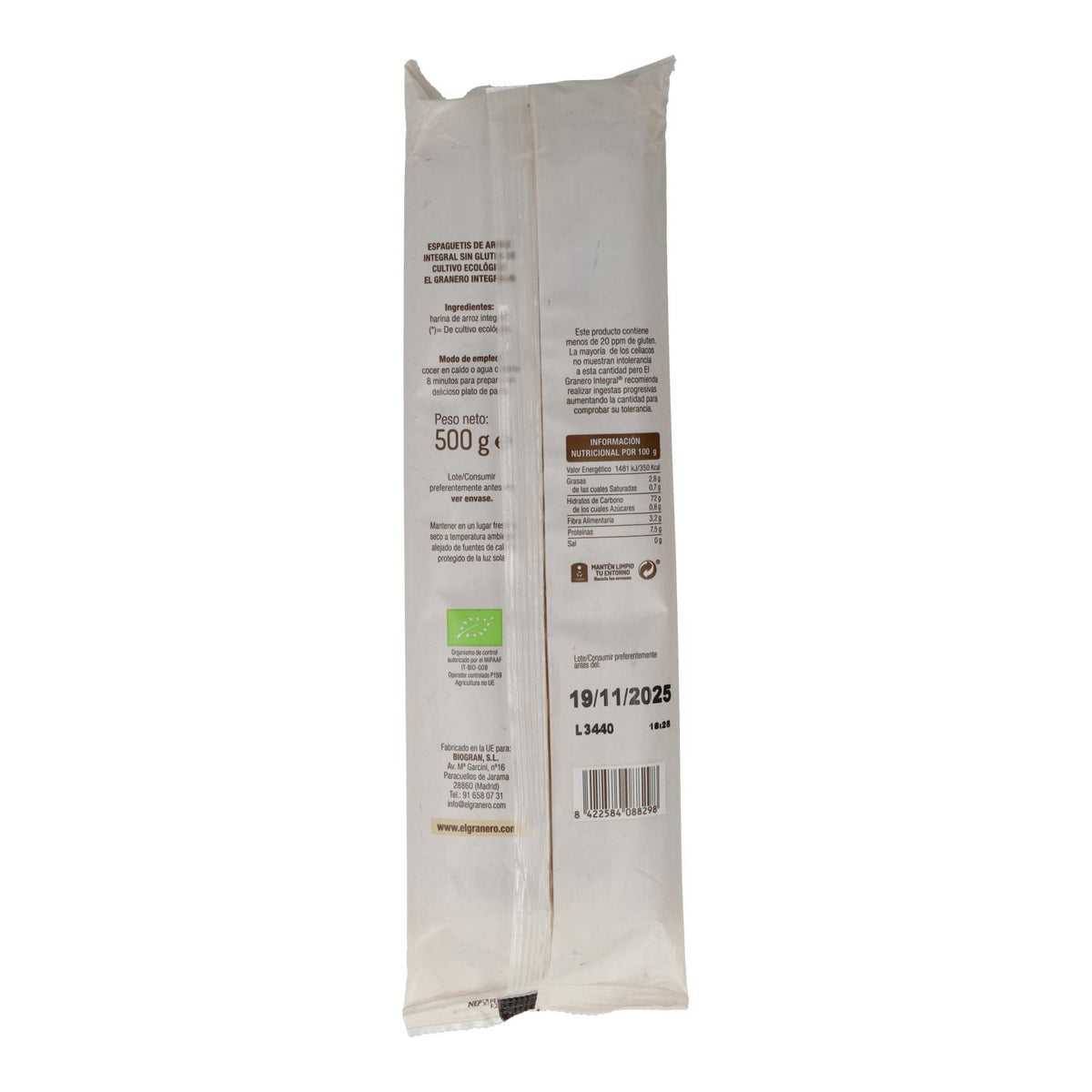 Espaguetis de Arroz Integral Sin Gluten El Granero, 500 g