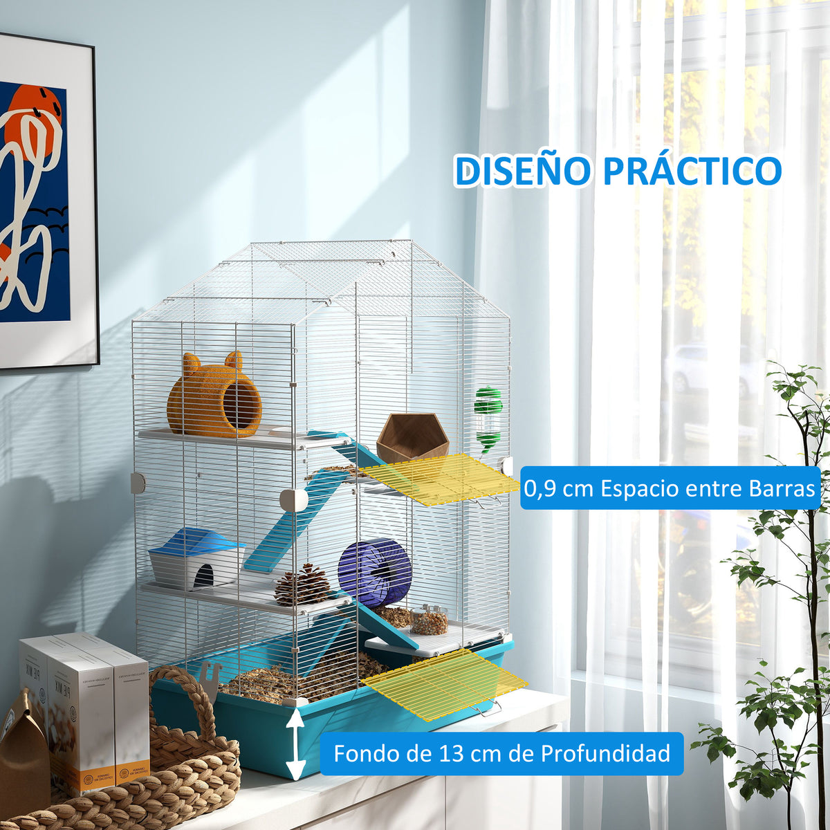 Jaula Para Hámster Pawhut Metal, Pp Azul Claro 58x36x81 Cm_5