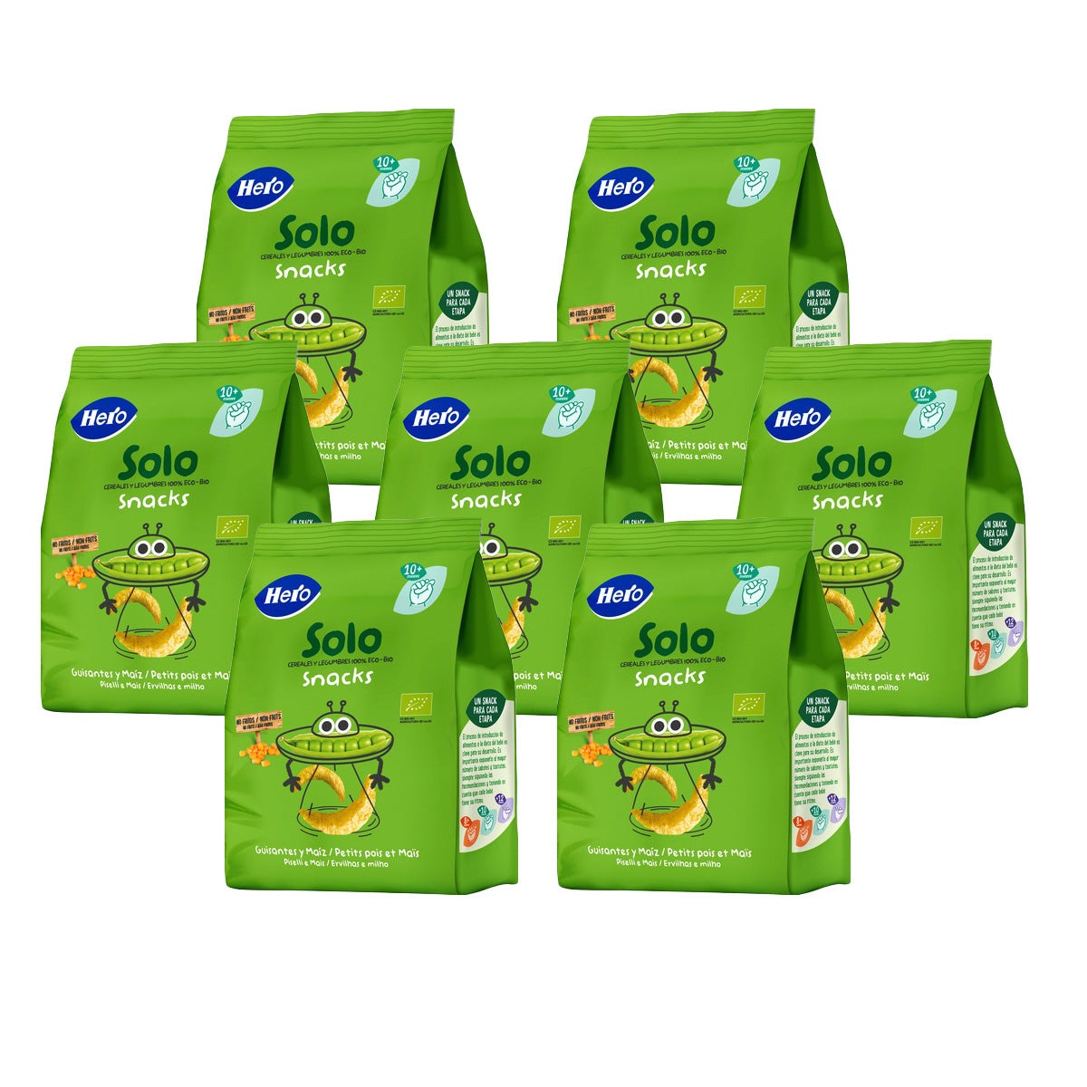 Pack 7x Snacks de guisantes y maíz Eco-Bio desde 10 meses bolsa 40 g Hero Solo