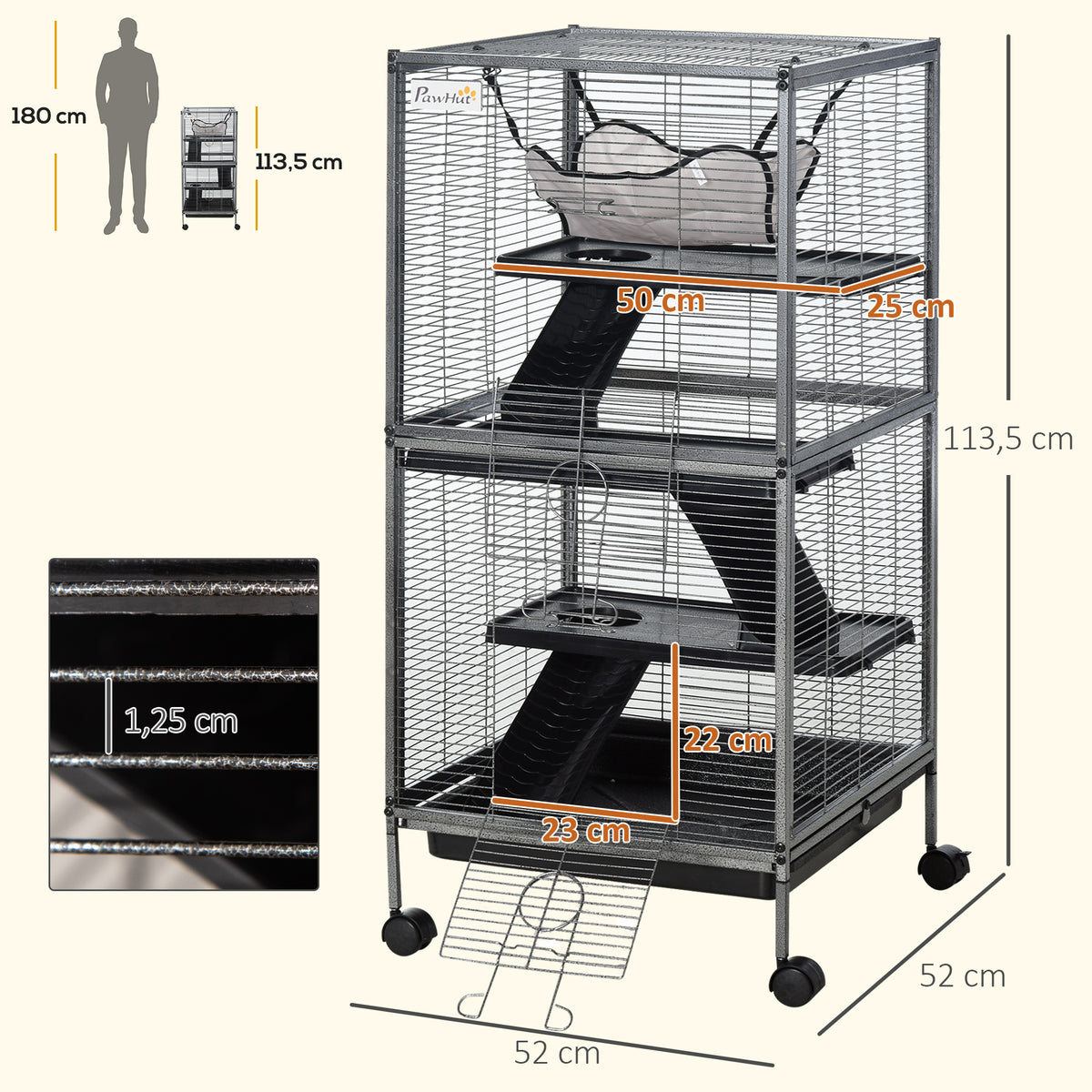 Jaula Grande Para Roedores Con 2 Puertas Pawhut 52x52x113,5cm Gris_2