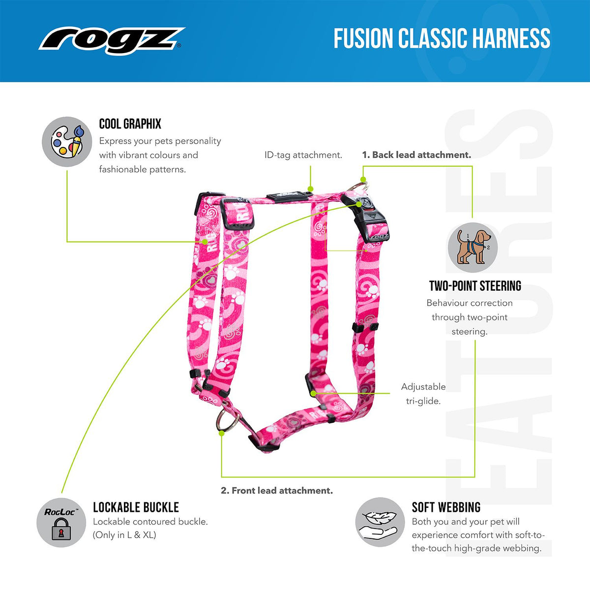 Arnés Para Perro, Modelo Fusion De Rogz, Estampado Comic Azul. Talla M (12-22kg)_1