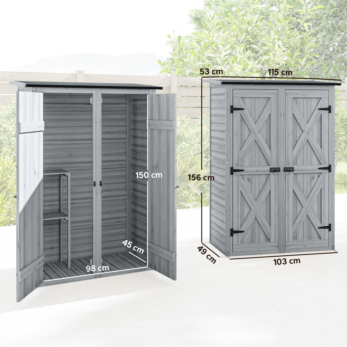 Armario De Jardín Outsunny Madera De Abeto Gris 115x53x156 Cm_2