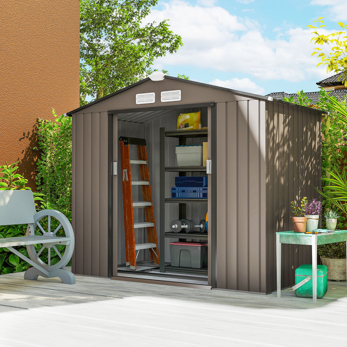Cobertizo De Jardín Outsunny Acero Galvanizado Marrón 213x130x185 Cm_3