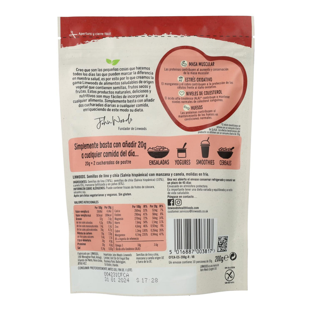 Semillas de lino y chía con manzana y canela molidas en frío Linwoods 200 g