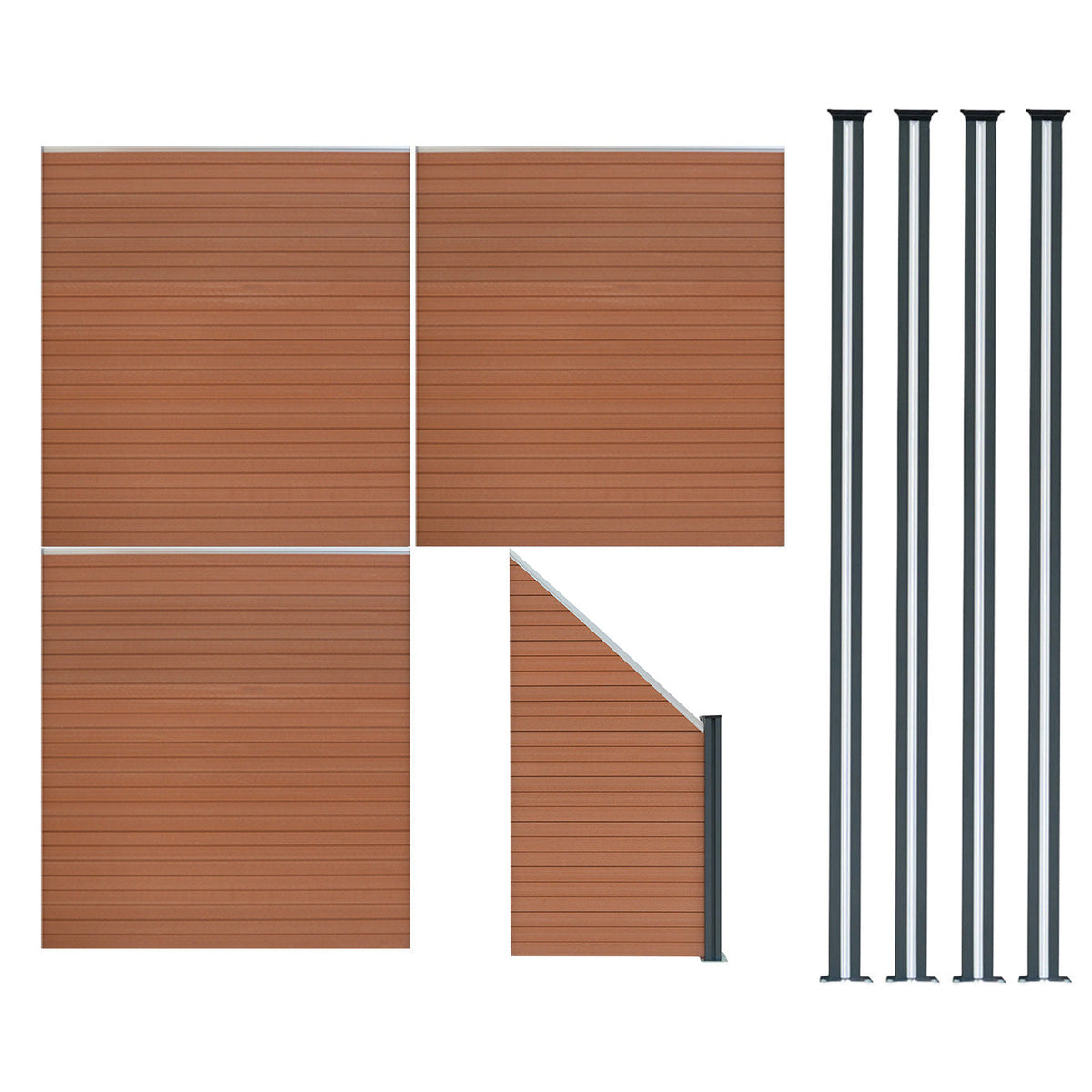 Vallas Para Exteriores De Wpc Y Aluminio - 3x Paneles Cuadrados + 1x Oblicuo + 4x Postes Con Led | Marrón_0