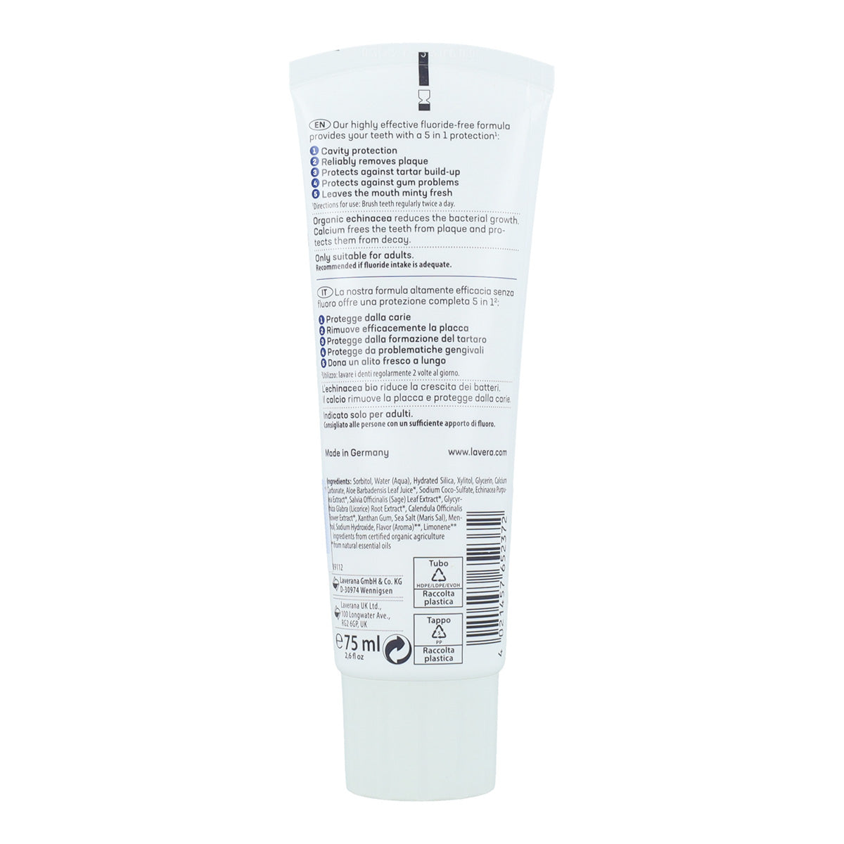 Dentífrico cuidado completo sin flúor equinacea BIO & calcio, Lavera 75 ml
