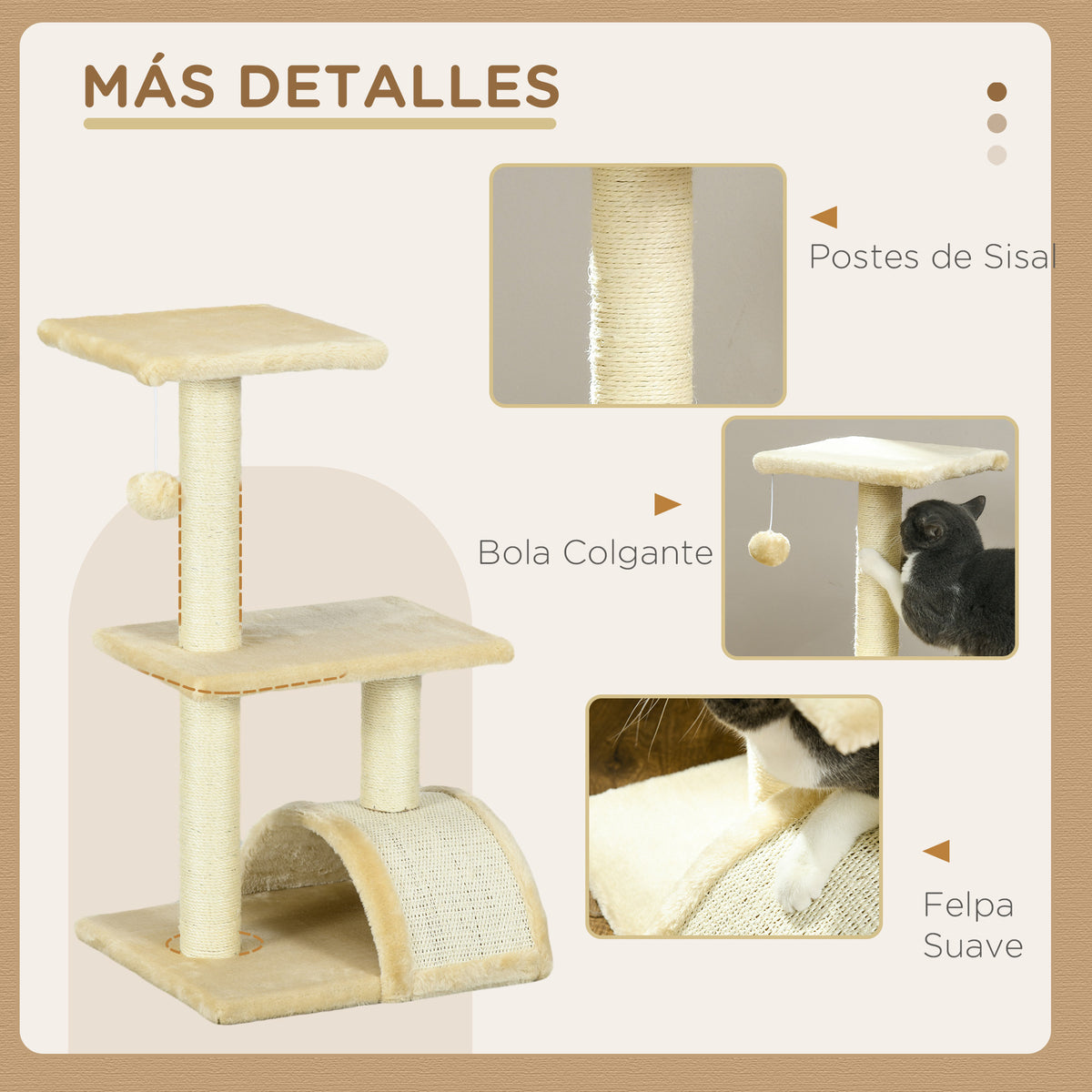 Pawhut Árbol Rascador Para Gatos Mediano De 3 Niveles Con Postes De Sisal Crema_4