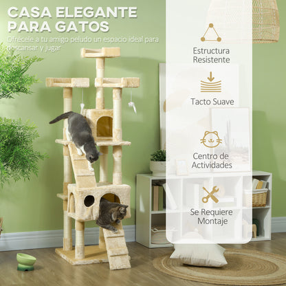 Pawhut Árbol Rascador Para Gatos Grande 49x49x173 Cm Con Múltiples Niveles Beige_3