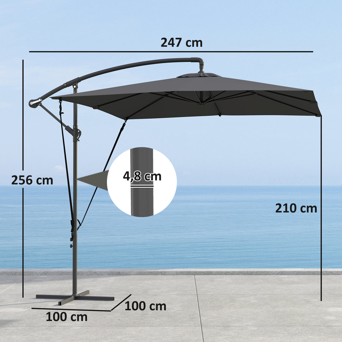 Parasol Excéntrico Outsunny Metal, Poliéster Gris Oscuro 247x247x264 Cm_2