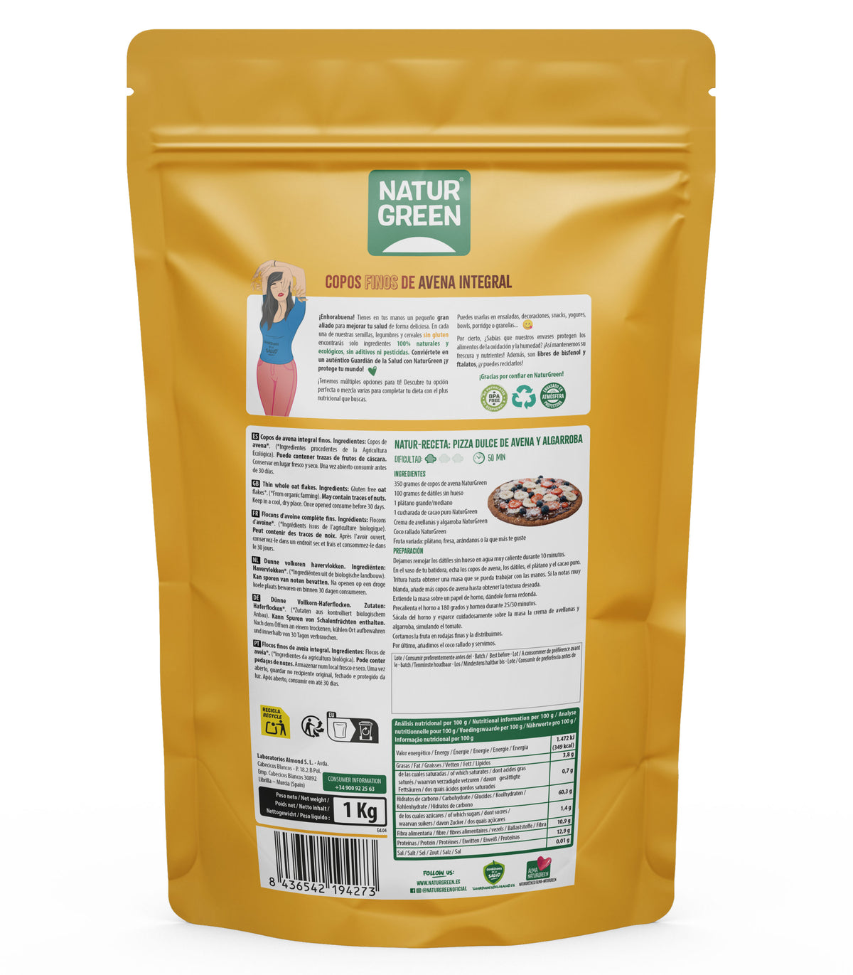 Copos de Avena Finos Sin Gluten Bio NaturGreen, 1 Kg