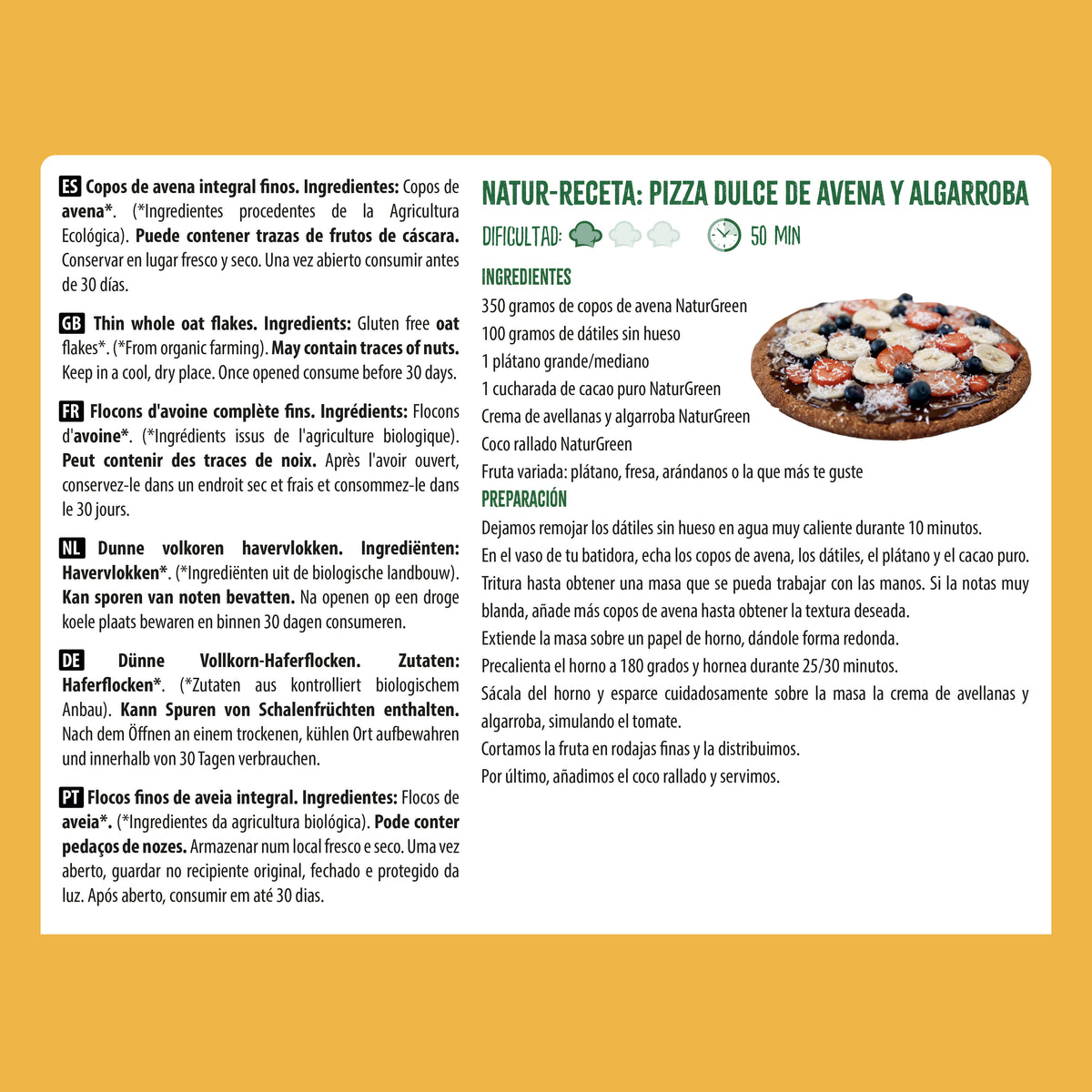 Copos de Avena Finos Sin Gluten Bio NaturGreen, 1 Kg