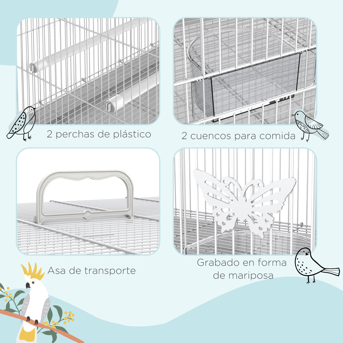 Jaula Para Pájaros Con Comederos 2 Perchas Pawhut 60x41x41 Cm Blanco_5