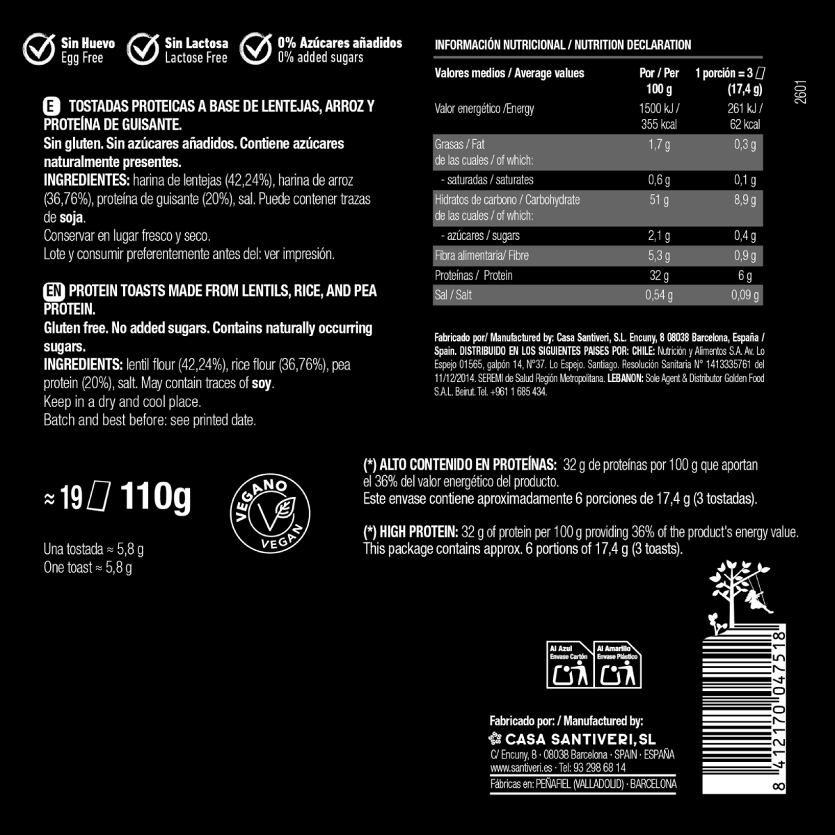Tostadas proteicas 32 gramos de Proteína Santiveri 110 gr