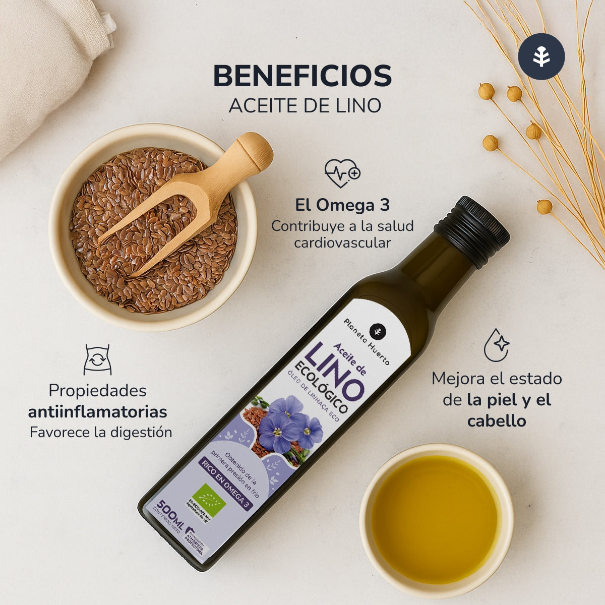 Pack 3x Aceite de Lino prensado en frío ECO Planeta Huerto 500 ml