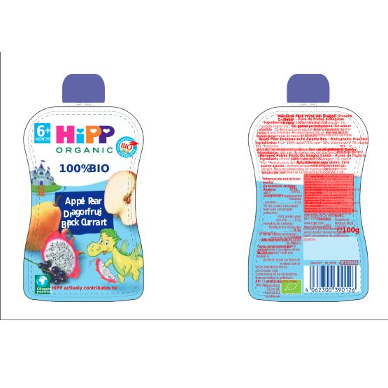 Pack 6 uds Pouches Dragón (Manzana, Pera, Fruta Dragón y Grosella) Bio HiPP