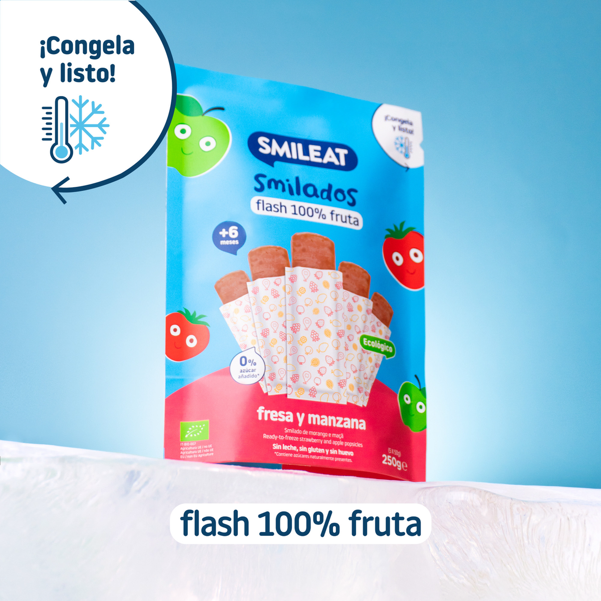 Pack 2x Smilado de Fresa y Manzana ECO helado flas infantil 100% fruta SMILEAT 250 g/ud
