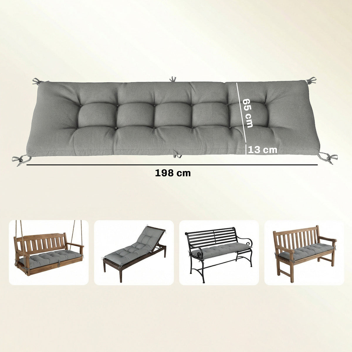 Cojín Para Banco Outsunny Poliéster, Algodón Pp Gris Claro 198x65x13 Cm_2