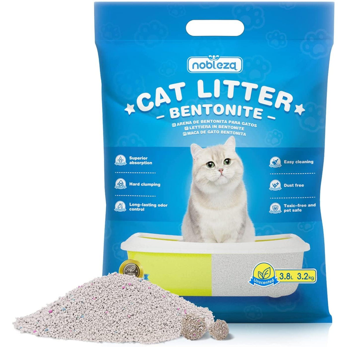 Arena aglomerante de bentonita para gatos sin olor Nobleza 3.8 L
