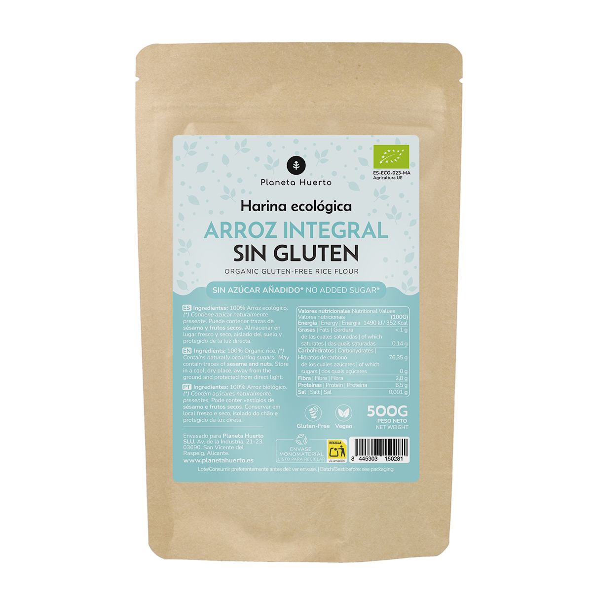 Harina de Arroz integral Sin Gluten ECO Planeta Huerto 500 g