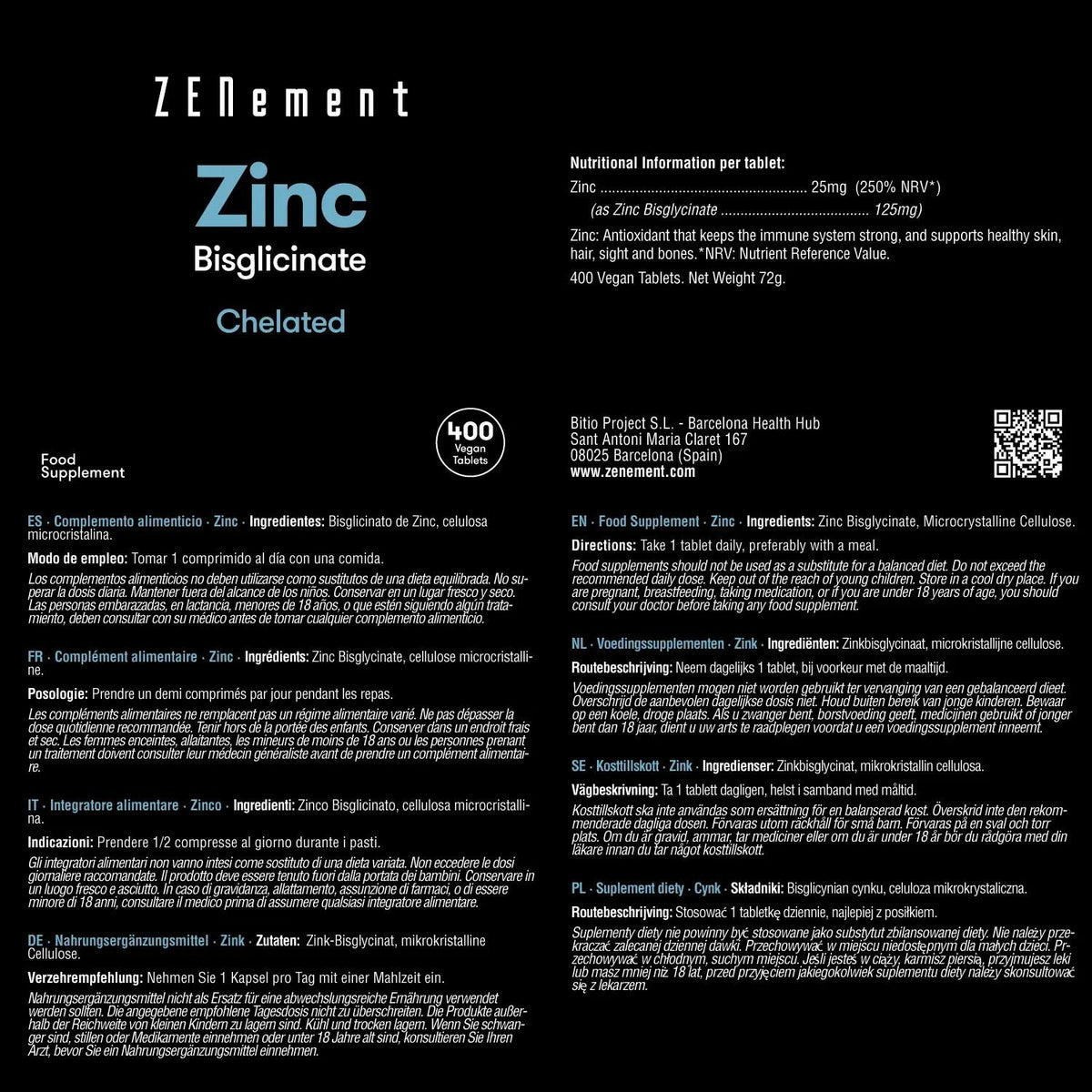 Zinc 25 mg (Bisglicinato) dosificación alta zenement 400 Comprimidos