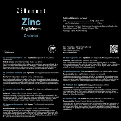 Zinc 25 mg (Bisglicinato) dosificación alta zenement 400 Comprimidos