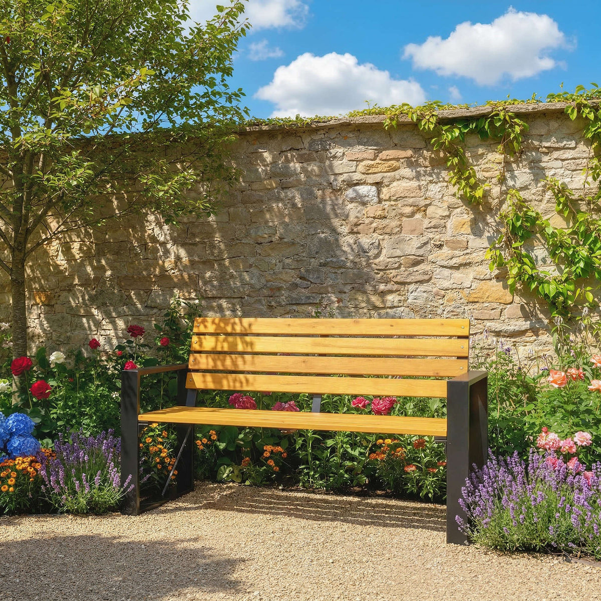 Banco De Jardín Outsunny Acero, Madera De Abeto Madera Natural 136x54x82 Cm_3