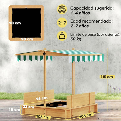 Outsunny Arenero Para Niños De Madera Con Toldo Ajustable 106x106x115 Cm Natural_2