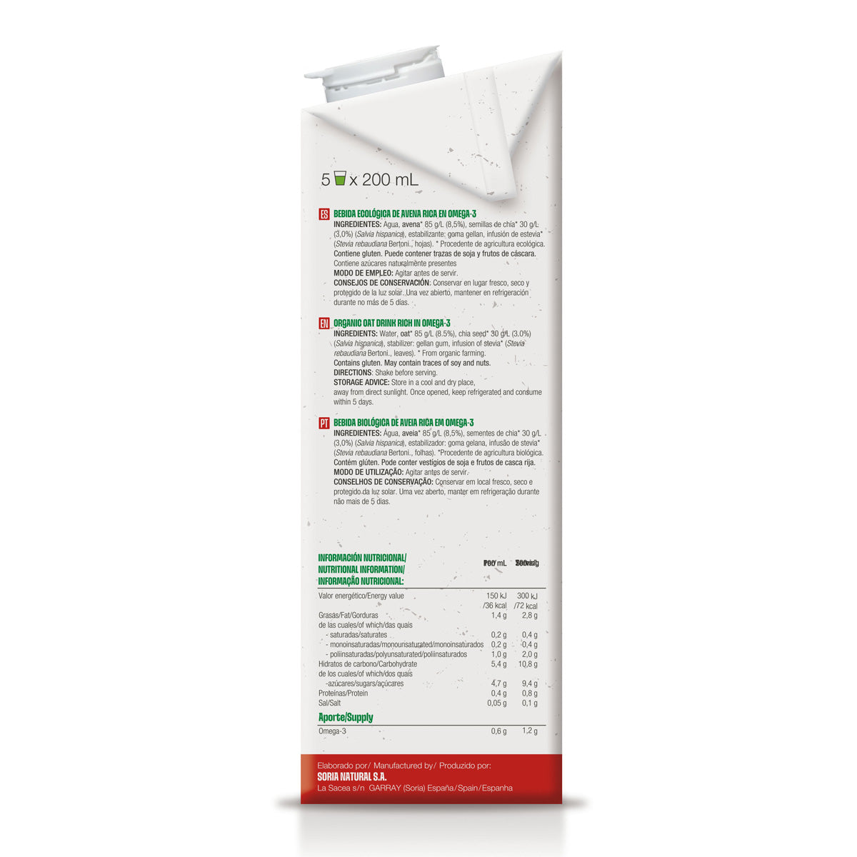 Bebida Ecológica de Avena rica en Omega 3, Soria Natural, 1L