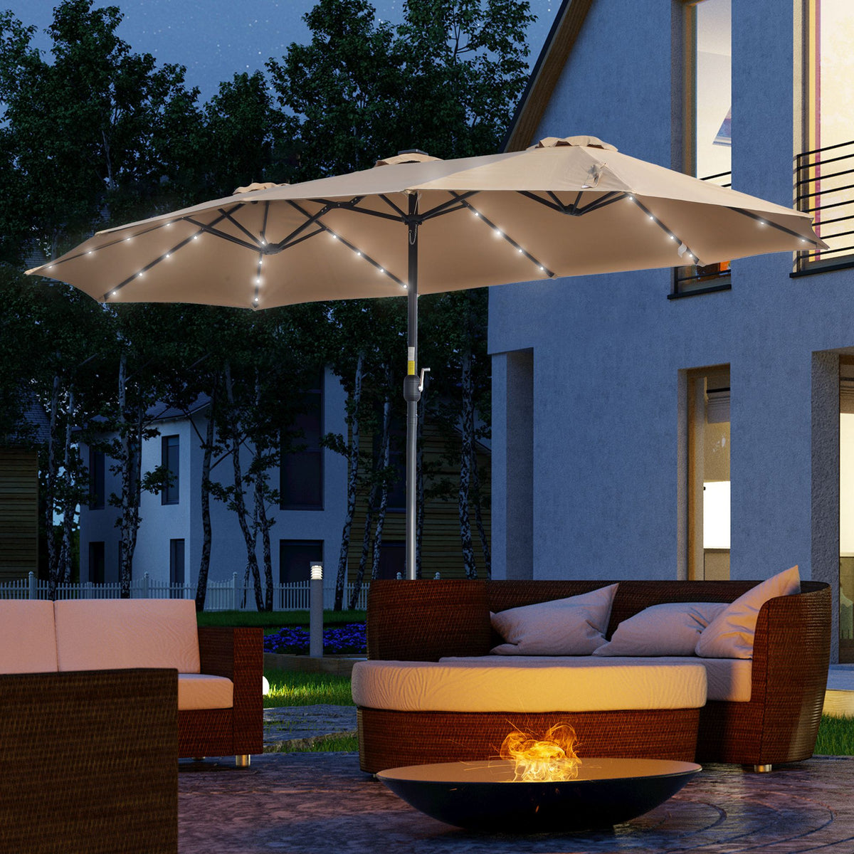Sombrilla Doble De Jardín Con Luces Led Outsunny 450x265x240 Cm Caqui_1