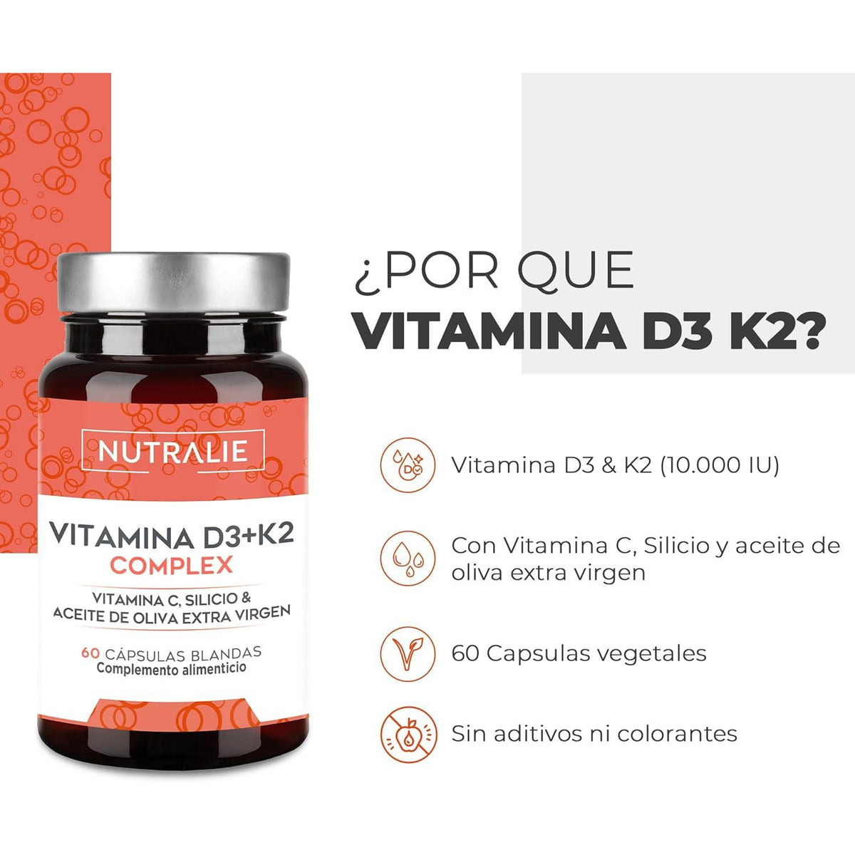 Nutralie Vitamina D3+K2 Complex 10000 UI + Vit C 60 cápsulas