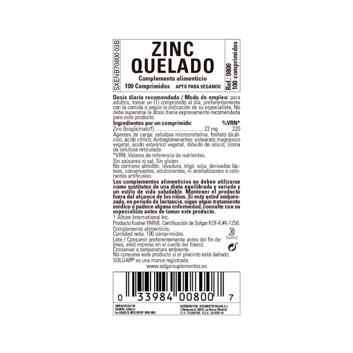 Zinc Quelado 100 comprimidos de 22mg Solgar